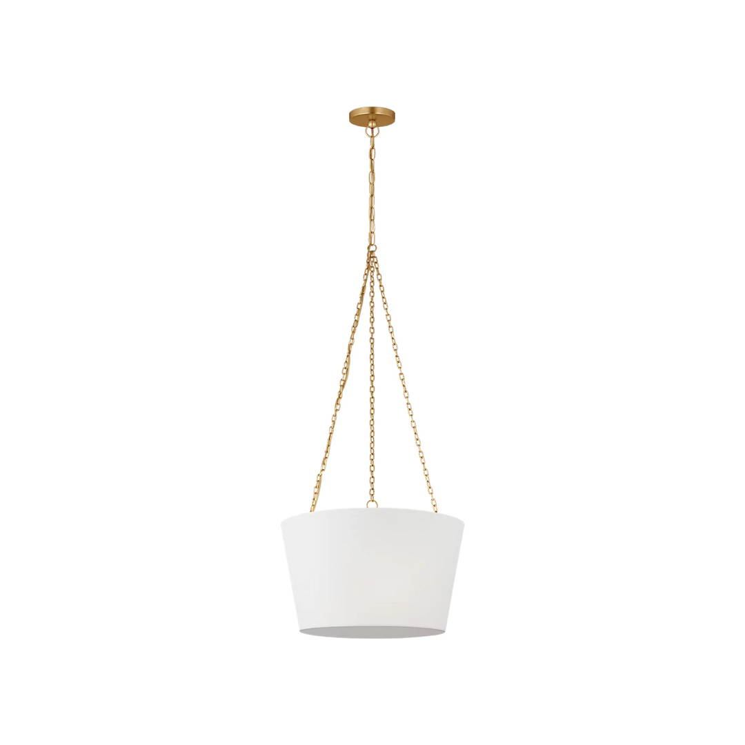 Maison Olive Suspension luminaire en métal doré vieilli avec abat-jour blanc conique en tissu, design moderne et élégant.