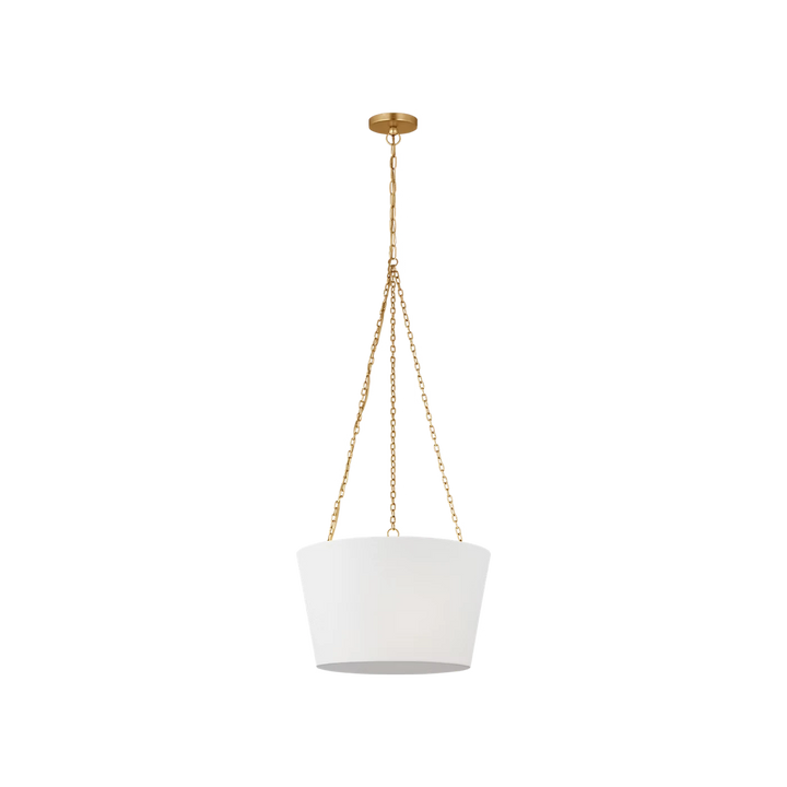 Maison Olive Suspension luminaire en métal doré vieilli avec abat-jour blanc conique en tissu, design moderne et élégant.