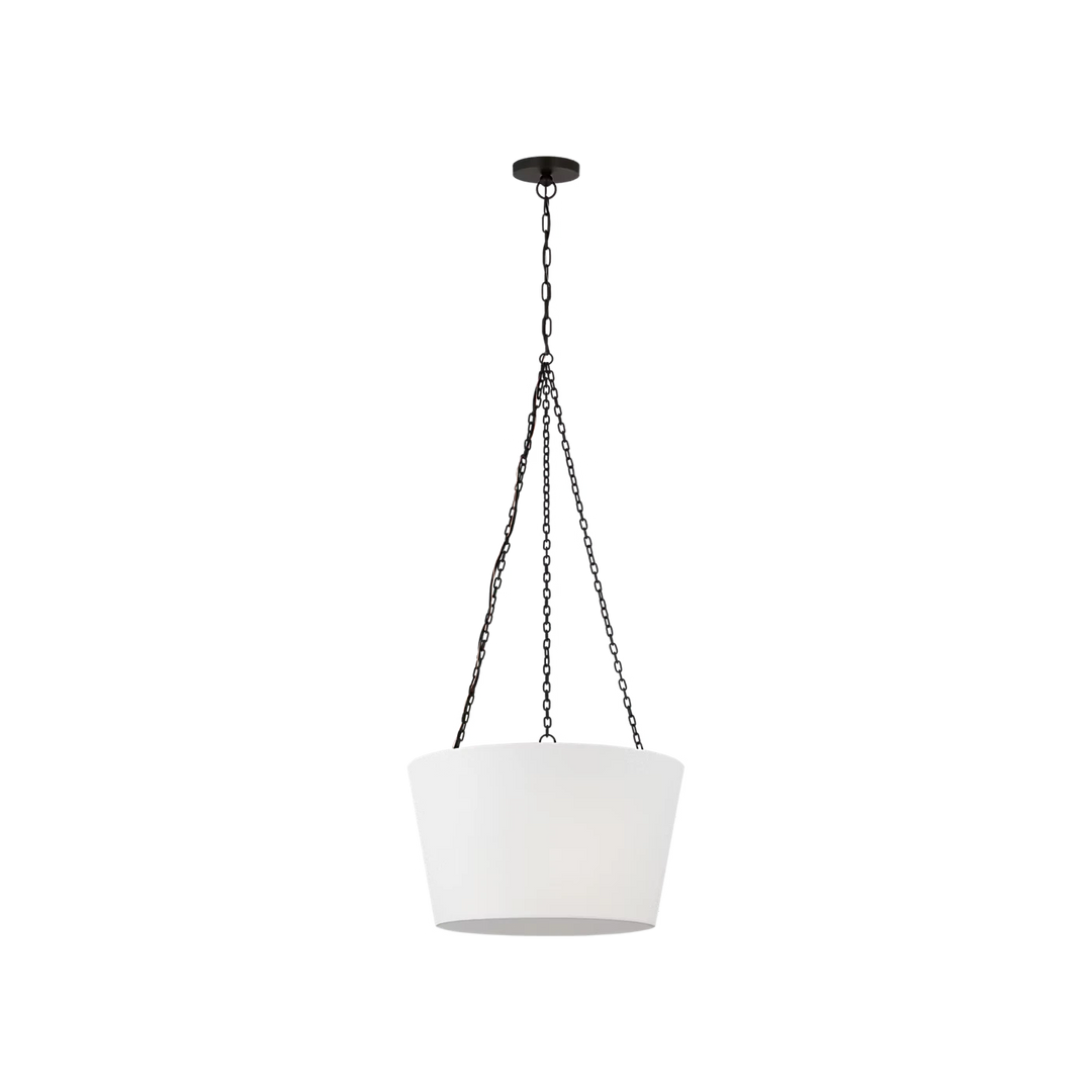 Maison Olive suspension luminaire en métal doré vieilli avec abat-jour blanc conique, style moderne et élégant.