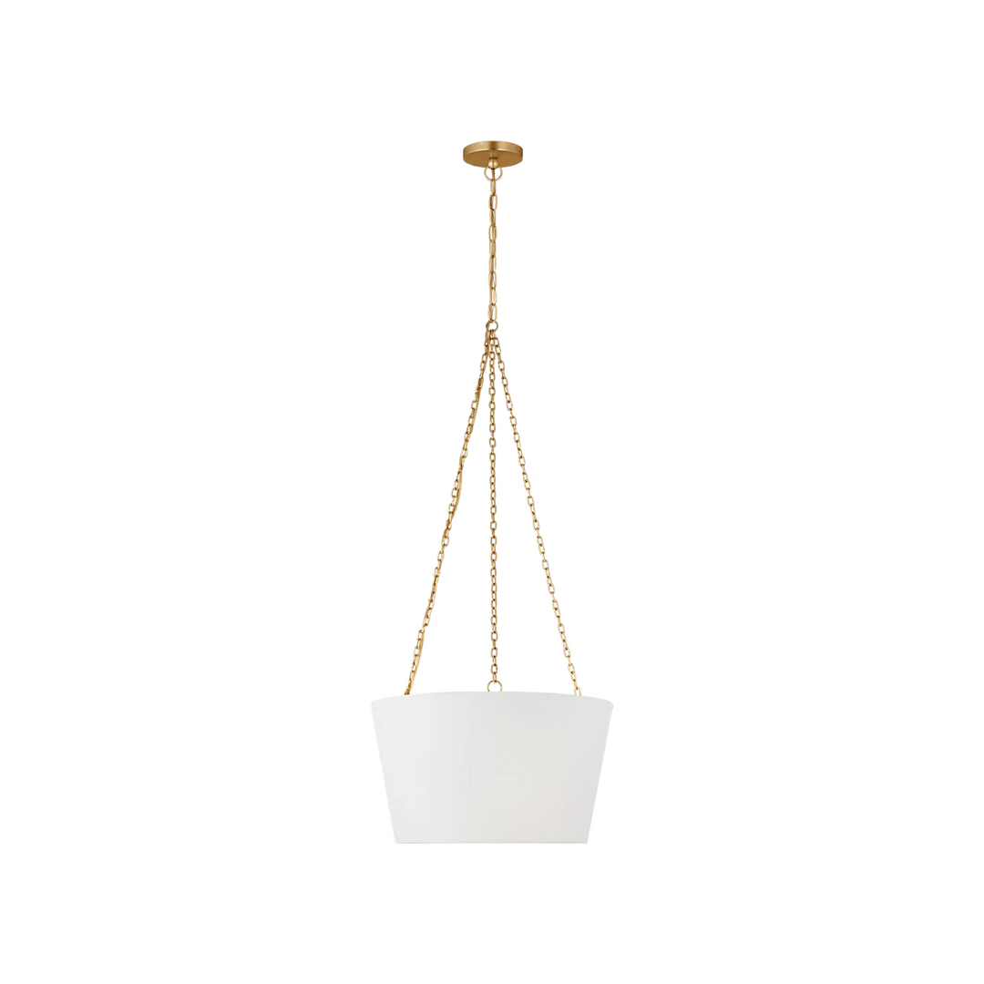 Maison Olive suspension luminaire en métal doré vieilli avec abat-jour blanc conique, chaîne élégante, éclairage d'ambiance moderne.