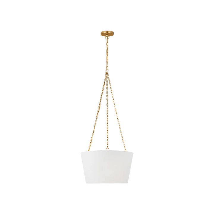 Maison Olive suspension luminaire en métal doré vieilli avec abat-jour blanc conique, chaîne élégante, éclairage d'ambiance moderne.