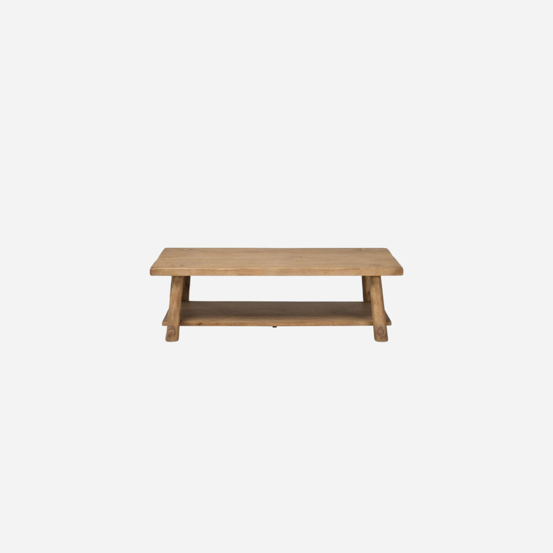 Maison Olive table basse rustique en bois brut avec étagère inférieure, finition naturelle, 120cm