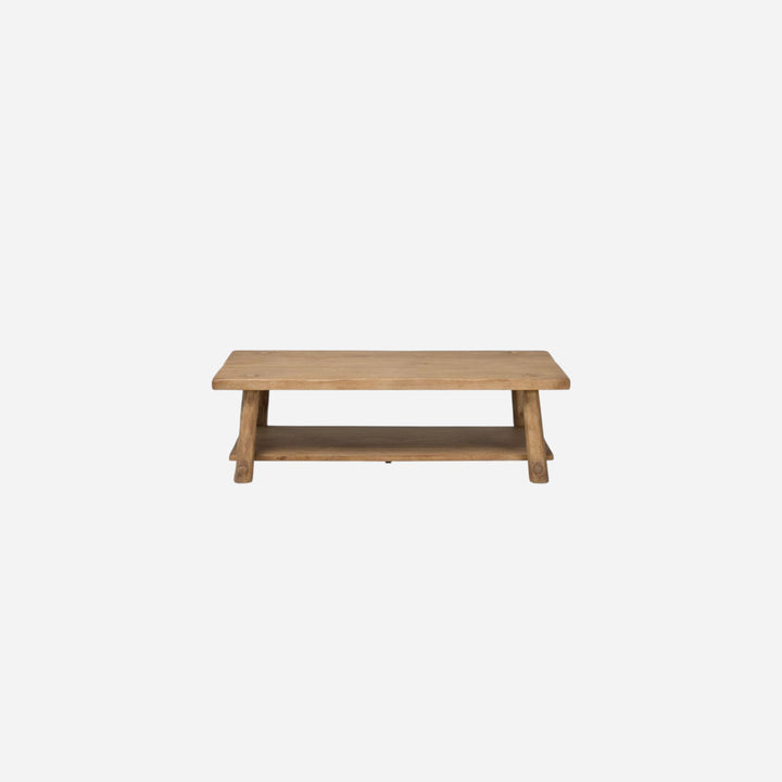 Maison Olive table basse rustique en bois brut avec étagère inférieure, finition naturelle, 120cm
