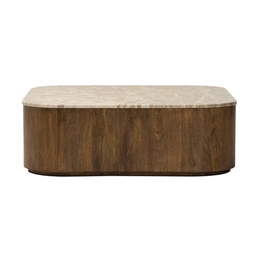 Maison Olive table basse ronde en marbre beige et bois avec plateau arrondi et piètement épuré.