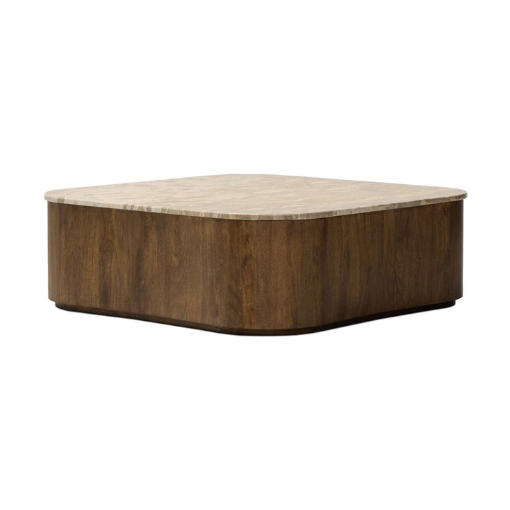 Maison Olive table basse ronde en marbre beige et bois, design moderne, plateau arrondi, piètement bois chaleureux.
