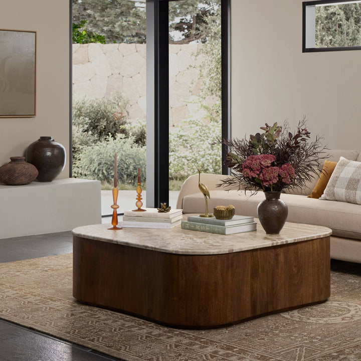Maison Olive table basse ronde en marbre beige et bois, design moderne, idéale pour salon.
