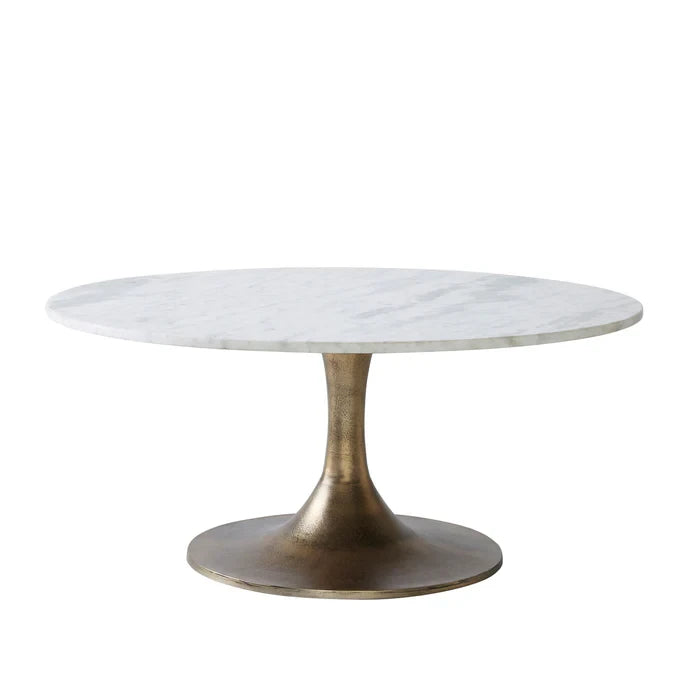 Table basse ronde Maison Olive avec plateau en marbre blanc et pied central tulipe en métal finition bronze vieilli