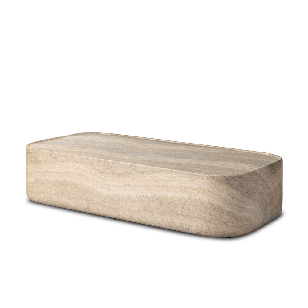 Maison Olive table basse rectangulaire en travertin beige aux coins arrondis, texture naturelle unique.