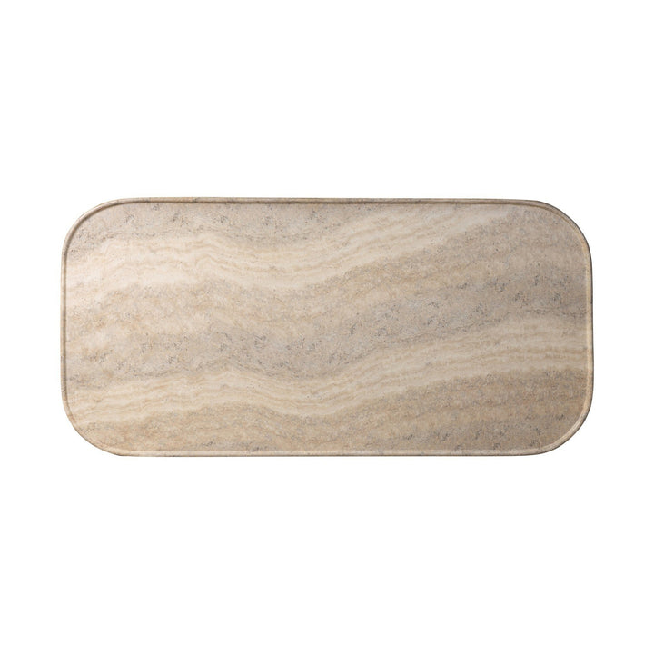 Table basse rectangulaire Maison Olive en pierre travertin beige avec coins arrondis et veines naturelles.