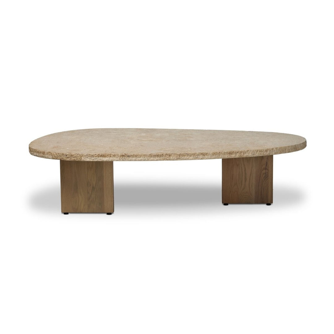Maison Olive table basse organique en travertin beige texturé avec pieds en bois