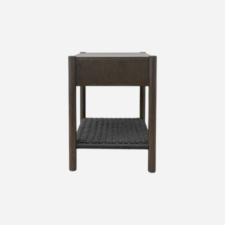 Table de chevet Maison Olive en bois foncé avec tiroir et étagère inférieure en corde tressée noire
