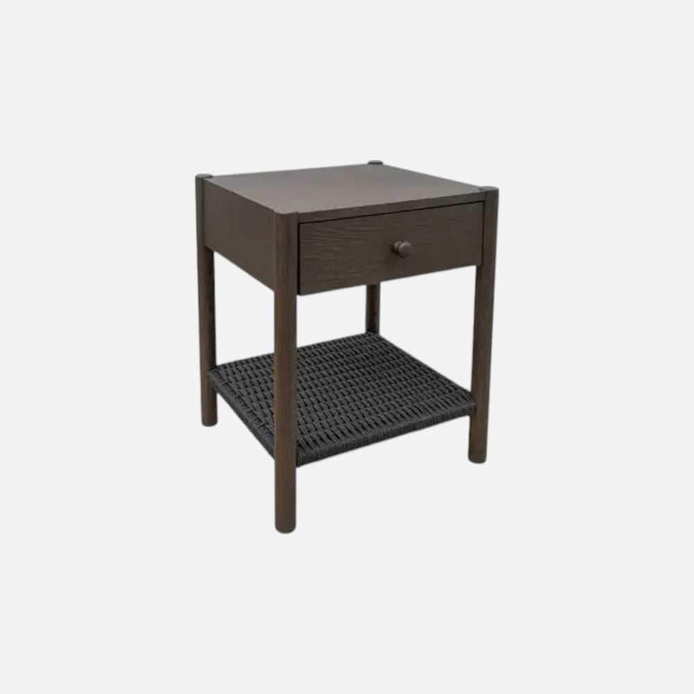 Table de chevet Maison Olive en bois foncé avec tiroir et étagère inférieure en corde tressée noire