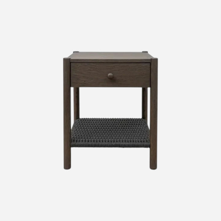 Table de chevet Maison Olive en bois foncé avec un tiroir et une étagère inférieure en corde tressée noire