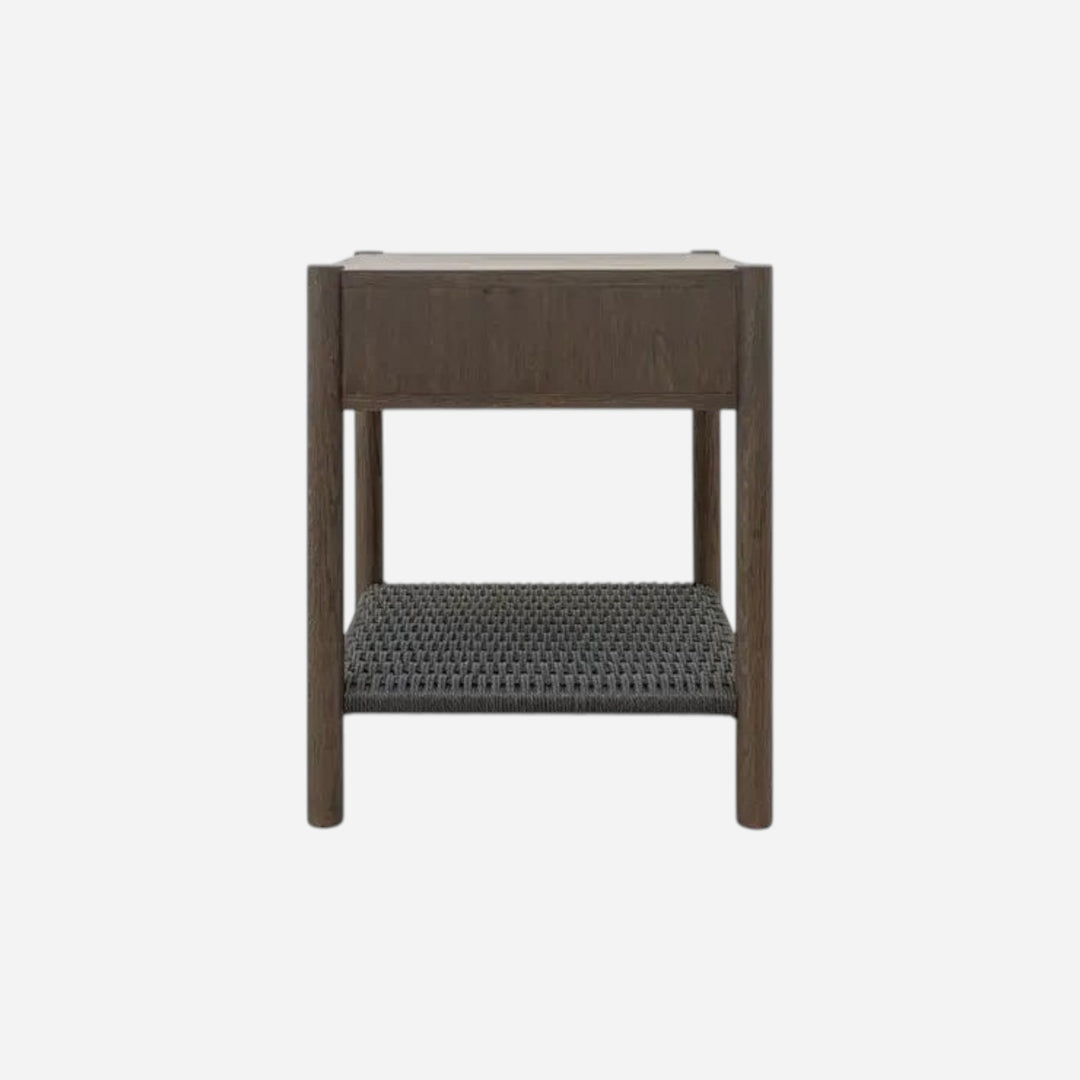 Table de chevet Maison Olive en bois foncé avec tiroir et étagère inférieure en corde tressée noire
