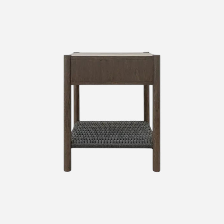 Table de chevet Maison Olive en bois foncé avec tiroir et étagère inférieure en corde tressée noire