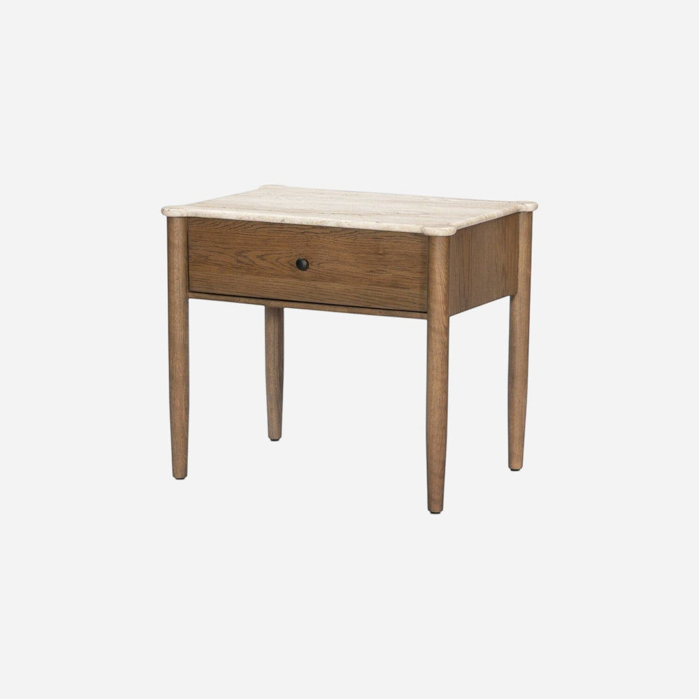 Maison Olive Table de chevet en marbre beige et bois de chêne avec tiroir et pieds fuselés.