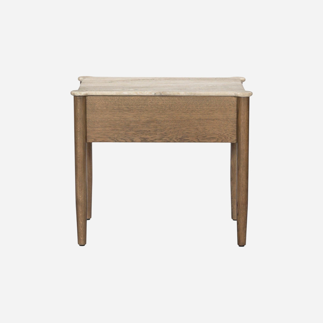 Maison Olive table de chevet en marbre beige et gris veiné avec tiroir en bois de chêne massif