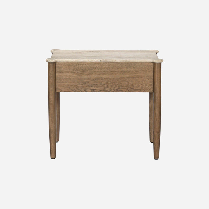 Maison Olive table de chevet en marbre beige et gris veiné avec tiroir en bois de chêne massif