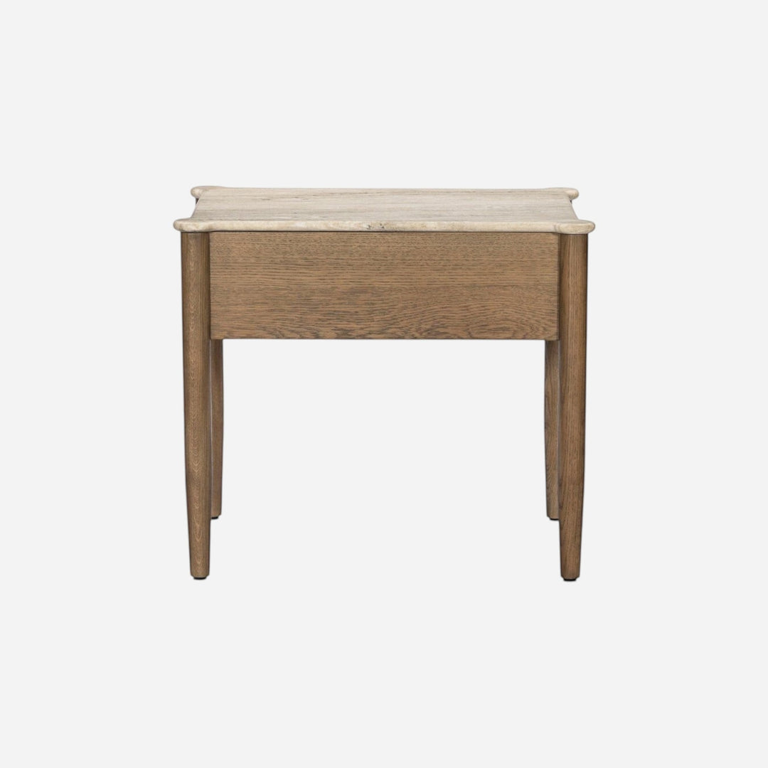 Table de chevet Maison Olive en marbre beige et bois de chêne, design épuré.