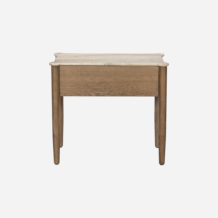 Table de chevet Maison Olive en marbre beige et bois de chêne, design épuré.