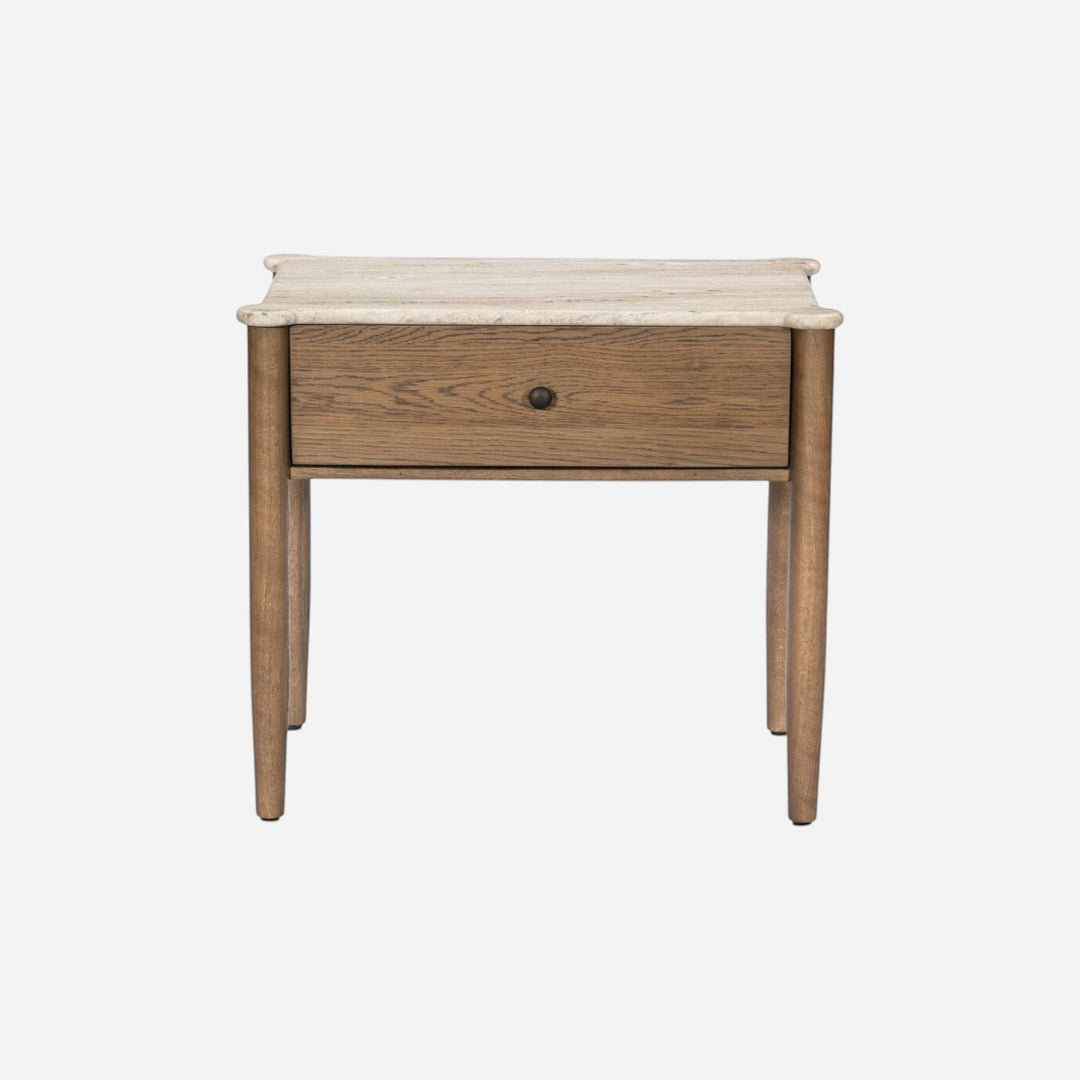 Table de chevet Maison Olive en marbre beige et bois de chêne, avec un tiroir et un bouton noir.