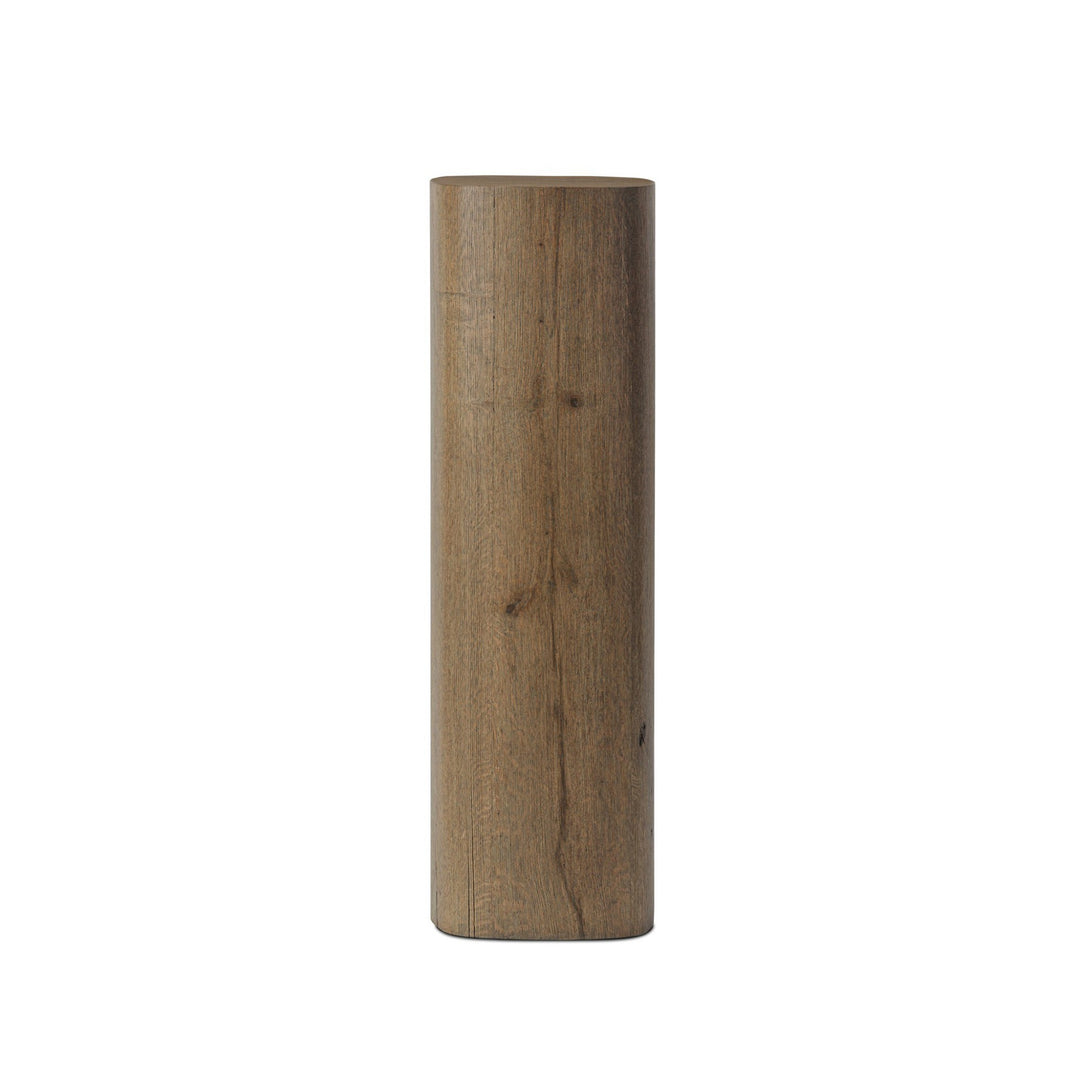 Maison Olive table d'appoint cylindrique en bois naturel vieilli, style rustique et épuré.