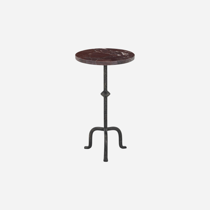 Maison Olive Table d'appoint Jocelyn ronde en marbre bordeaux et métal noir, pied tripode