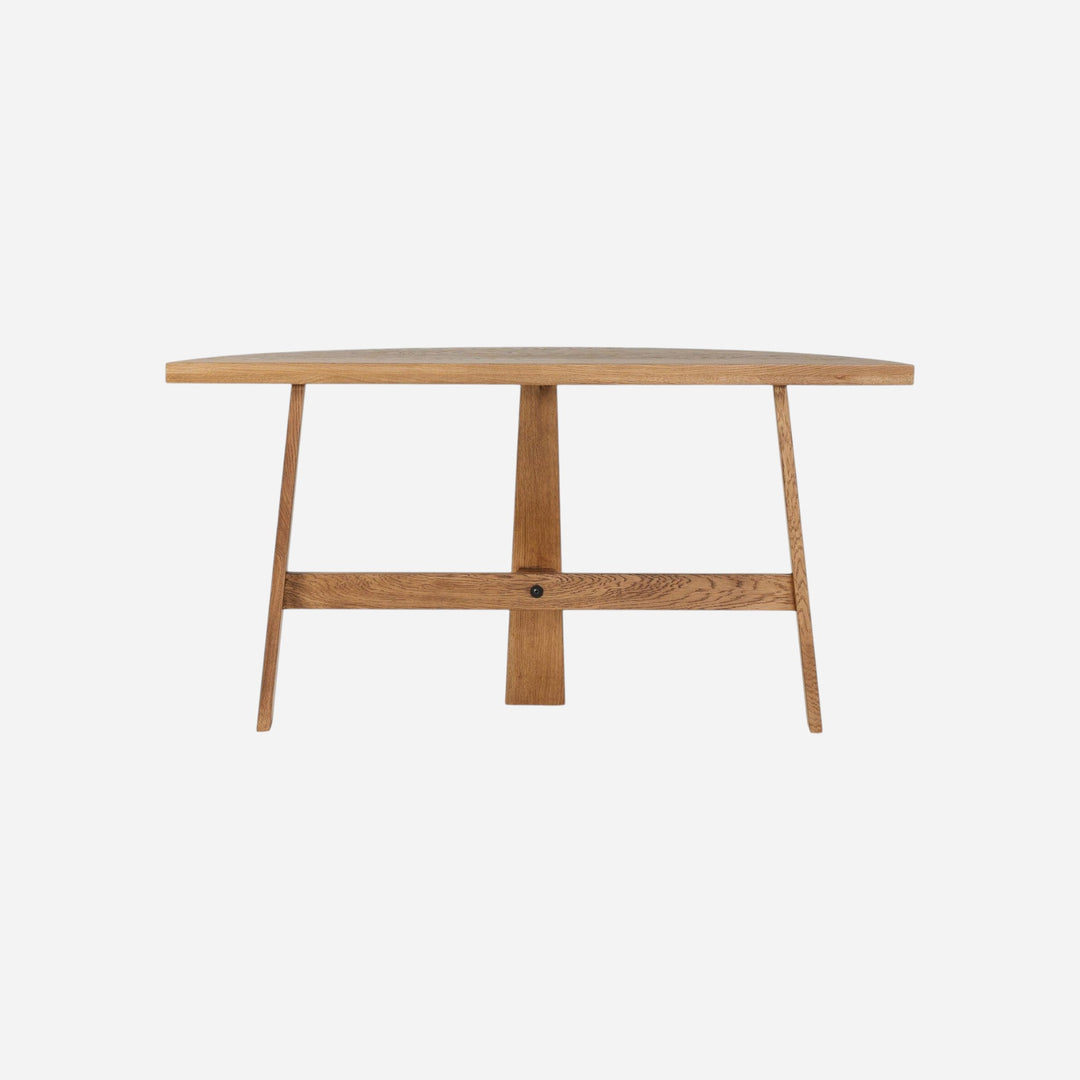 Maison Olive table demi-lune en bois de chêne massif, design moderne avec pieds évasés, idéale pour entrée ou salon.