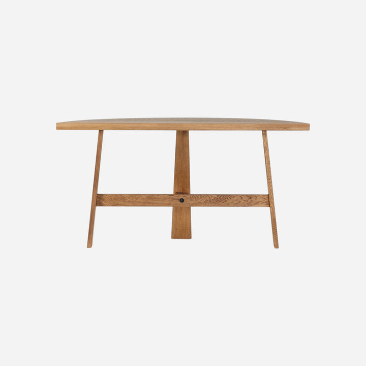 Maison Olive table demi-lune en bois de chêne massif, design moderne avec pieds évasés, idéale pour entrée ou salon.