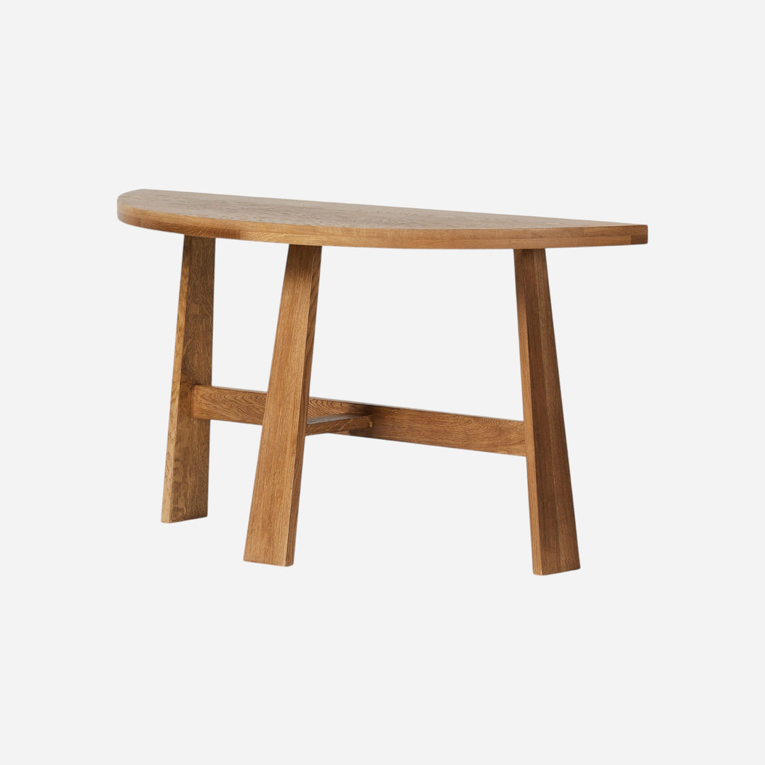 Maison Olive Table demi-lune en bois de chêne massif, design moderne avec pieds évasés, idéal comme console ou banc d'appoint.