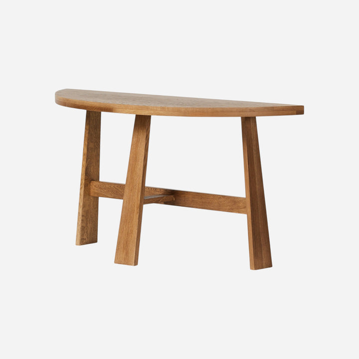 Maison Olive Table demi-lune en bois de chêne massif, design moderne avec pieds évasés, idéal comme console ou banc d'appoint.