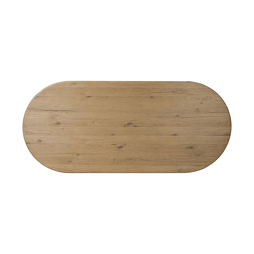 Table à manger ovale en bois d'acacia naturel, finition vieillie, par Maison Olive. Design sculptural.
