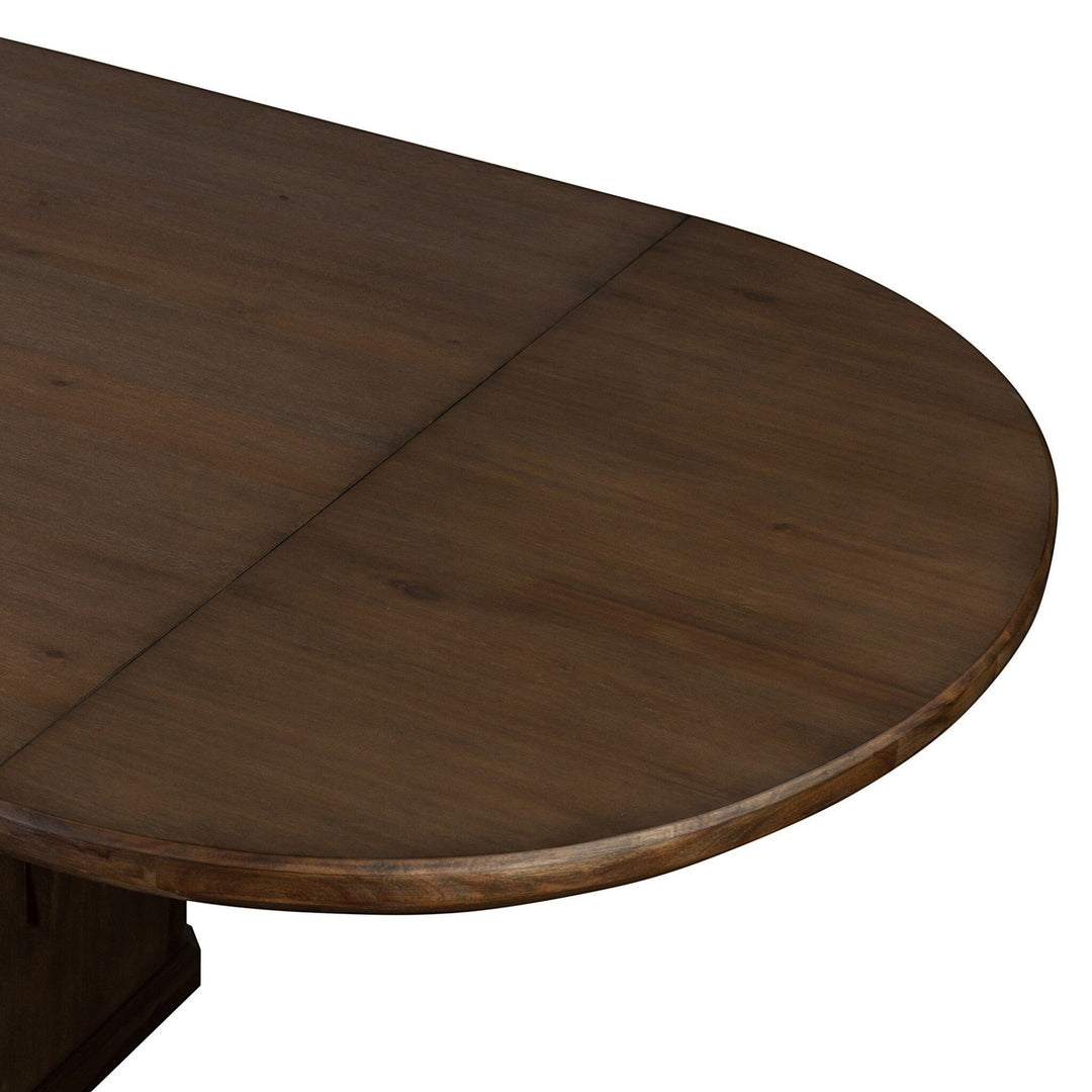 Table à manger ovale en bois brun foncé Maison Olive avec pied central, style rustique