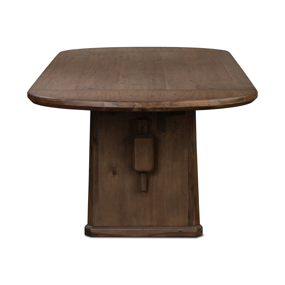 Maison Olive table à manger rustique en bois brun avec base à piédestal, finition naturelle, style champêtre.