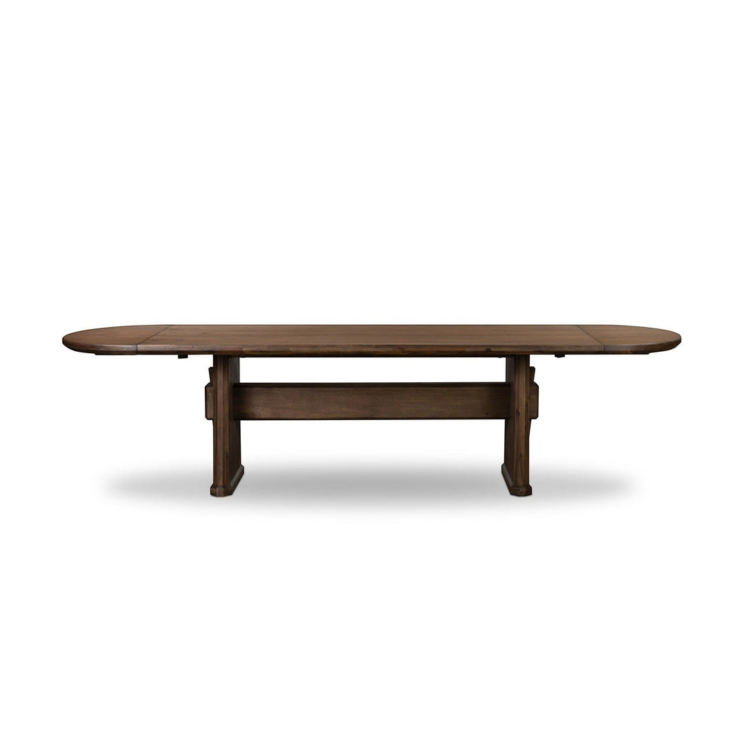 Table à manger en bois massif Maison Olive, finition rustique, piètement pedestal, style champêtre.