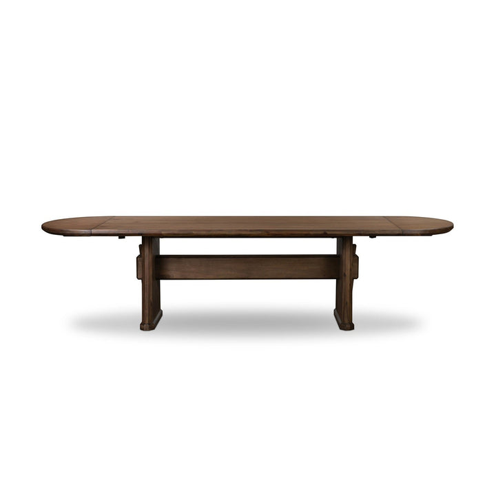 Table à manger en bois massif Maison Olive, finition rustique, piètement pedestal, style champêtre.