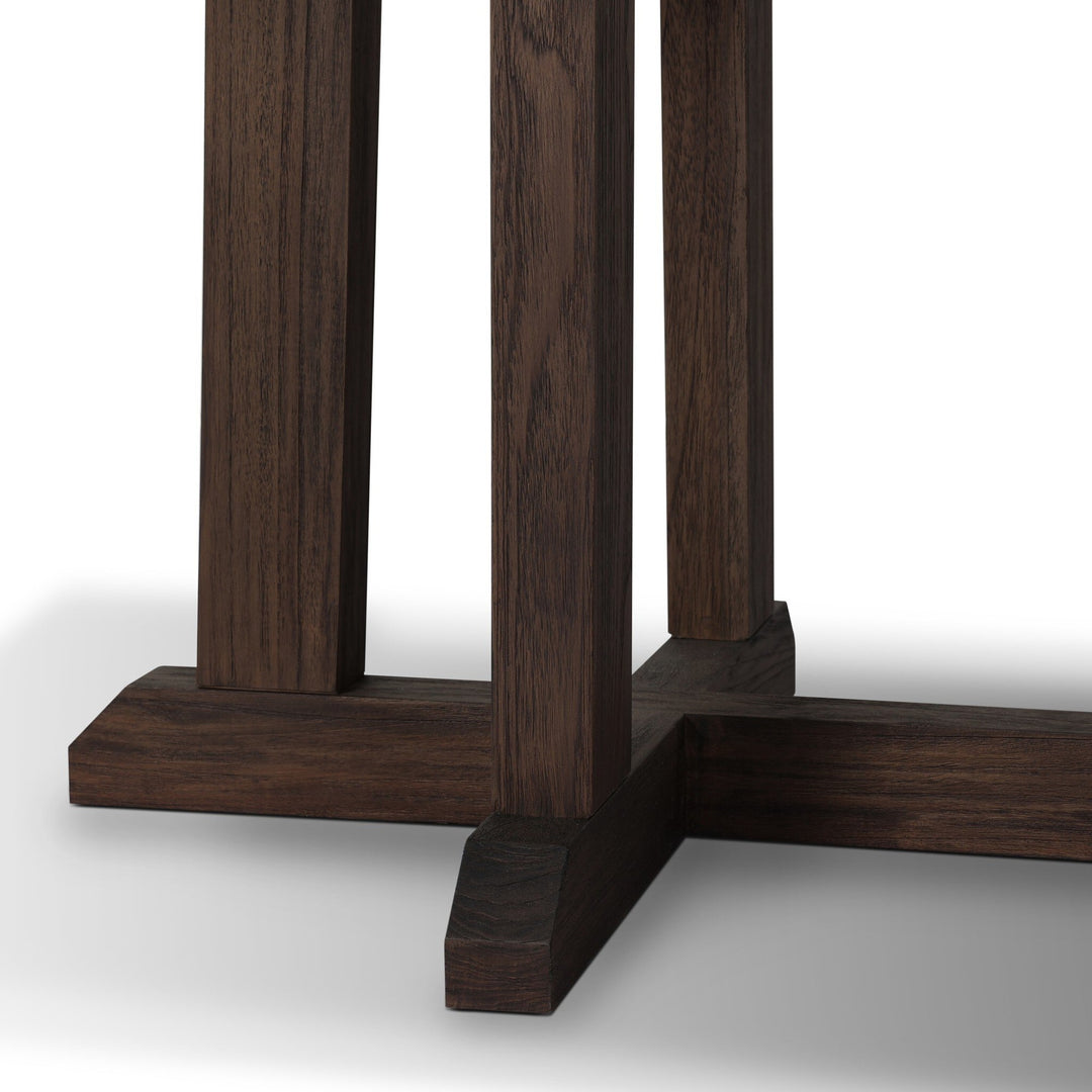 Maison Olive table à manger en bois massif teck foncé, pieds croisés en H, style campagnard moderne.