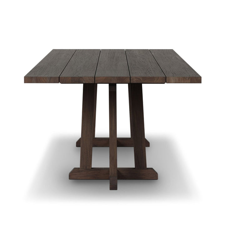 Table à manger Maison Olive en bois de teck massif, plateau à lattes, pieds croisés en H, style rustique moderne, 180cm