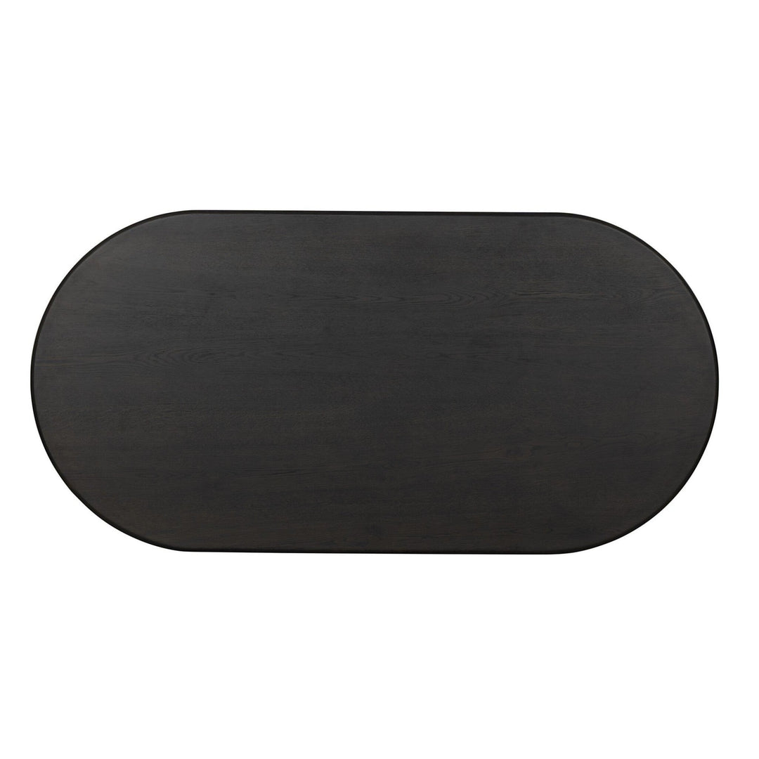 Table à manger ovale en bois de chêne noir Maison Olive avec grain subtil et piédestal central.