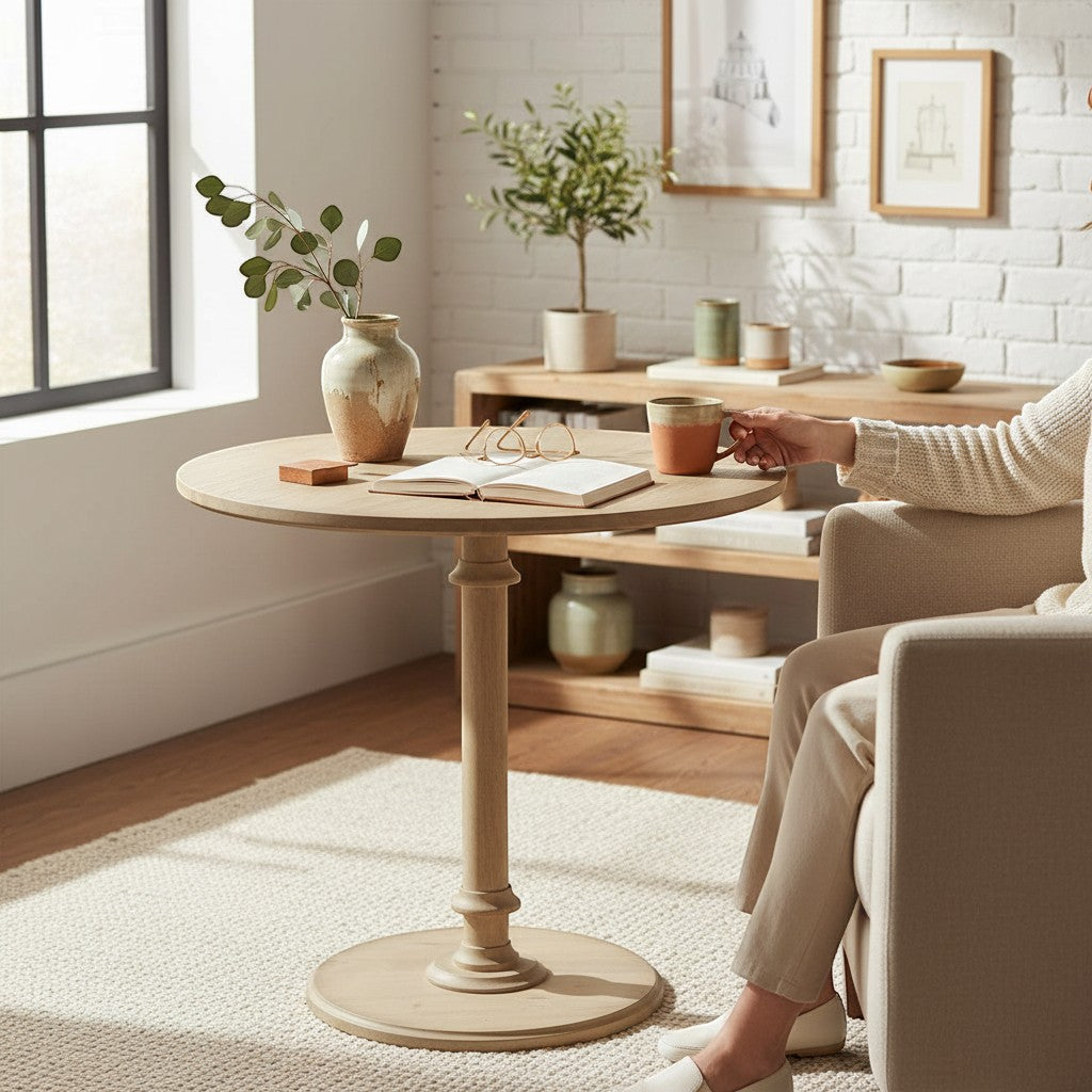 Maison Olive Table ronde en bois naturel avec pied central, idéale pour salon ou salle à manger.