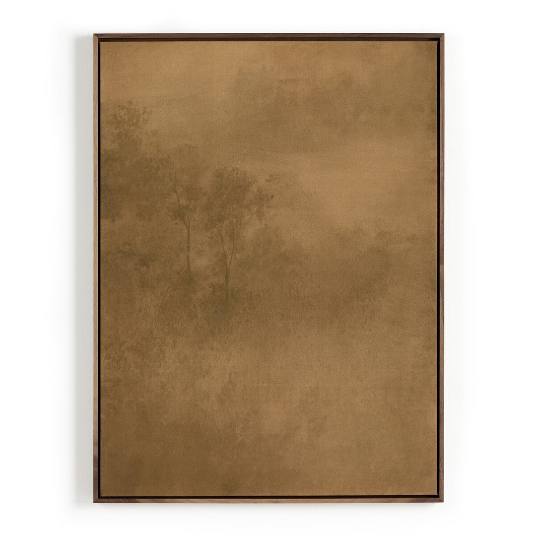 Tableau décoratif Maison Olive représentant une forêt brumeuse dans des tons ocre et brun avec un cadre en bois massif