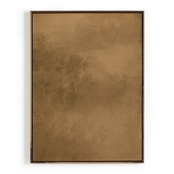 Tableau décoratif Maison Olive représentant une forêt brumeuse dans des tons ocre et brun avec un cadre en bois massif