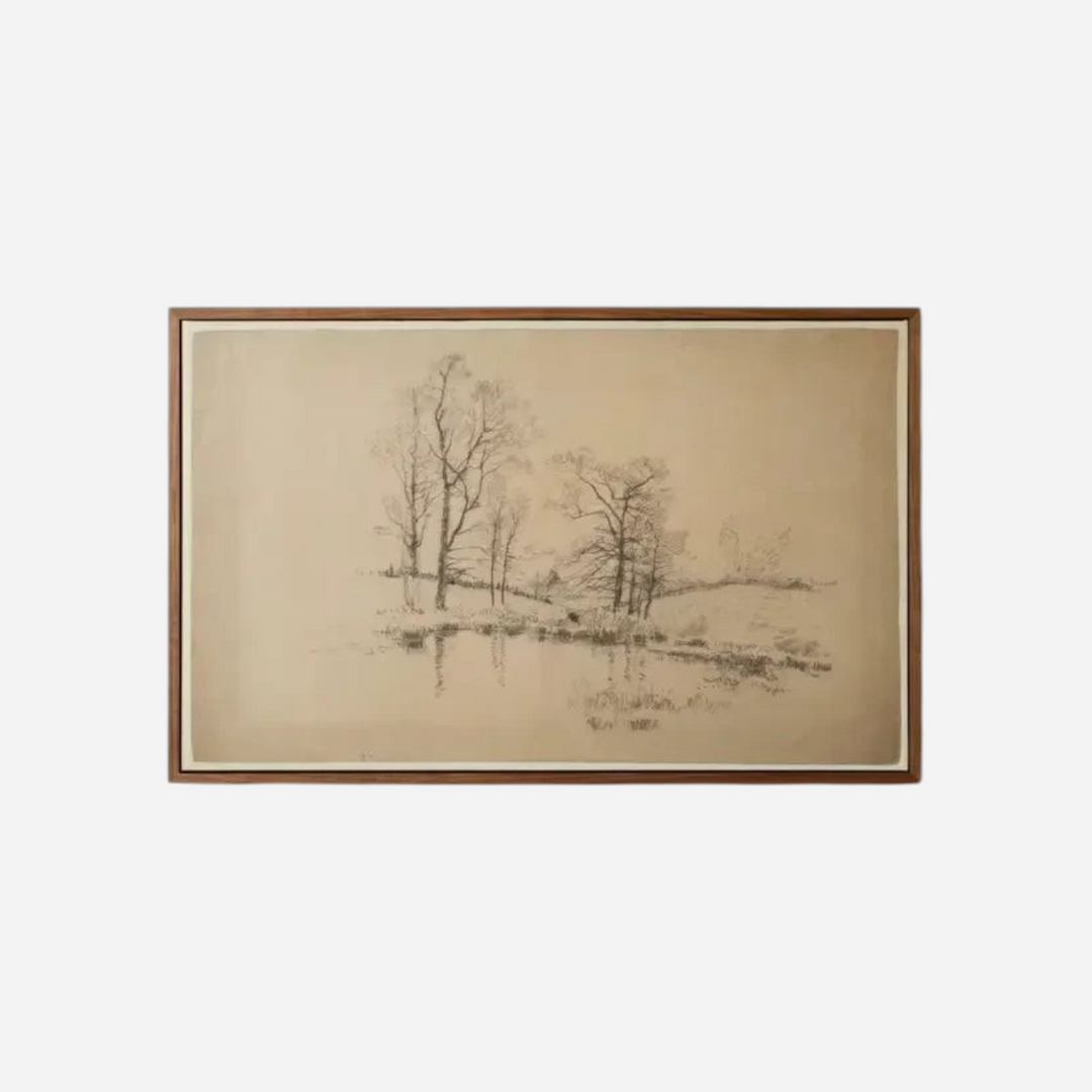 Tableau encadré Maison Olive représentant un paysage bucolique dessiné au fusain avec des arbres près d'un étang.