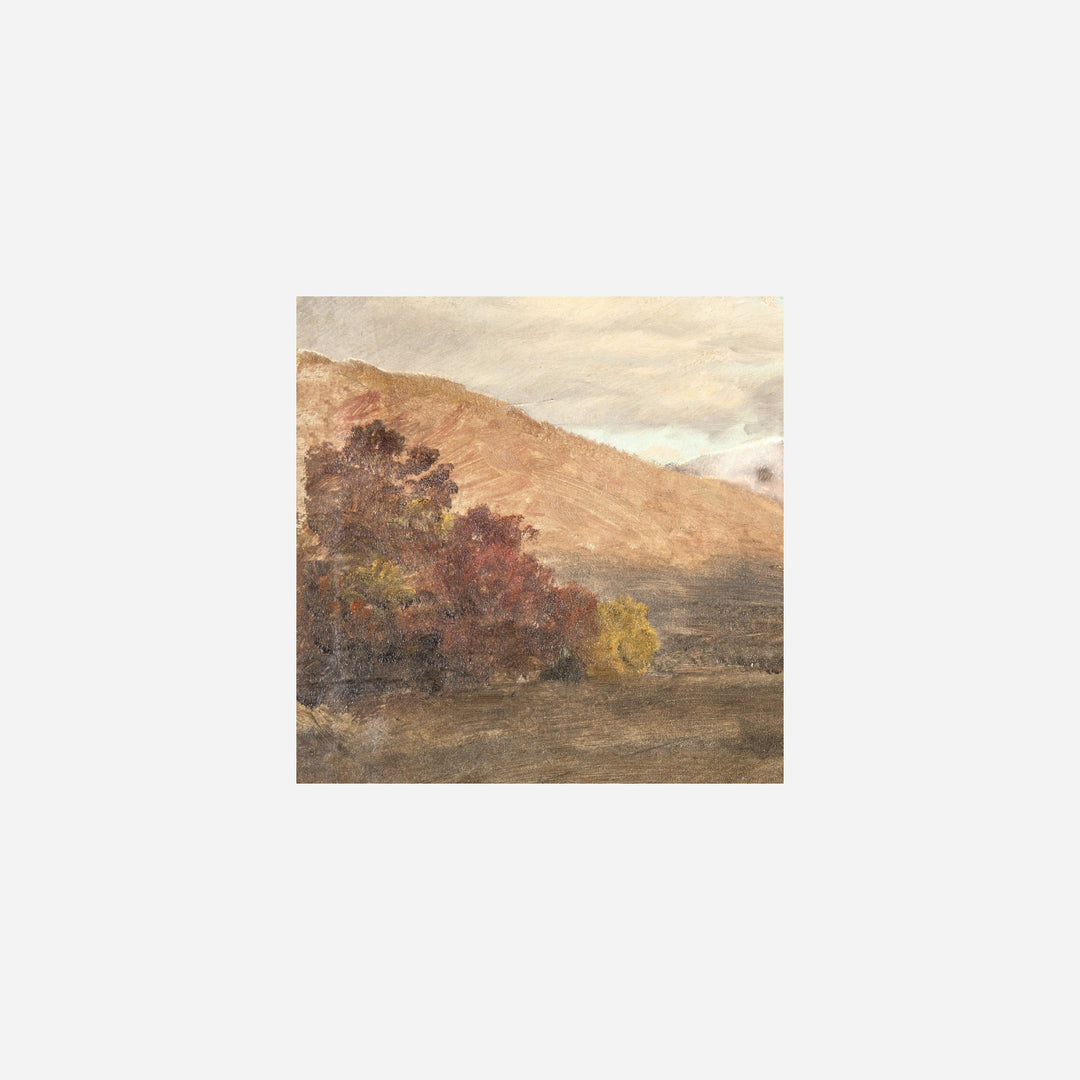 Tableau Maison Olive représentant un paysage de montagne aux tons taupe, vert et or dans le style Hudson River School