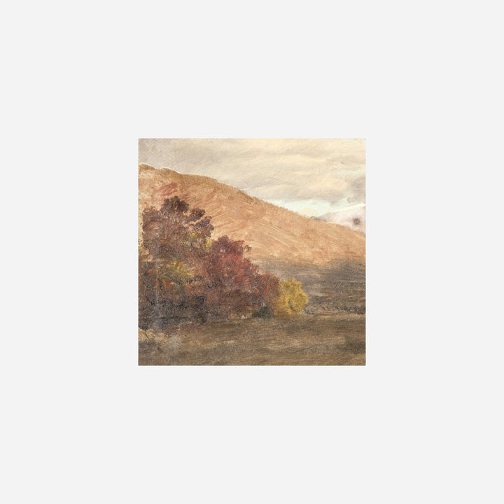 Tableau Maison Olive représentant un paysage de montagne aux tons taupe, vert et or dans le style Hudson River School