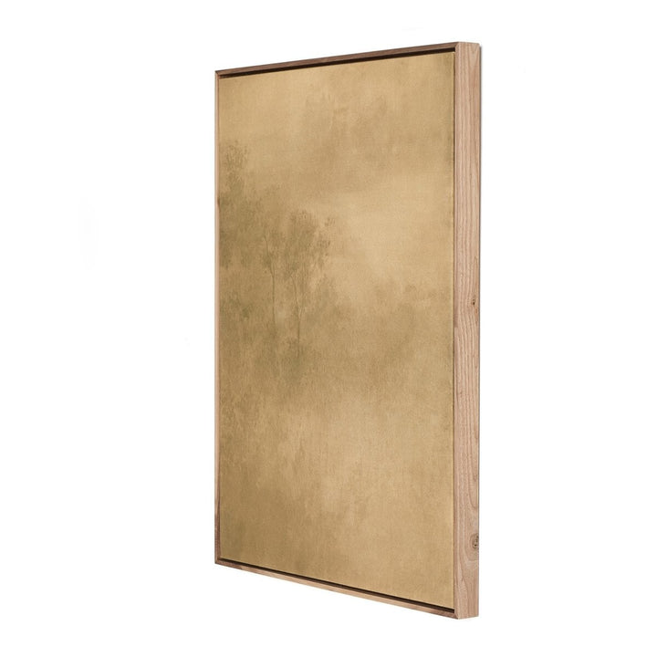 Tableau décoratif Maison Olive avec paysage brumeux en tons ocre et brun dans un cadre en bois massif naturel