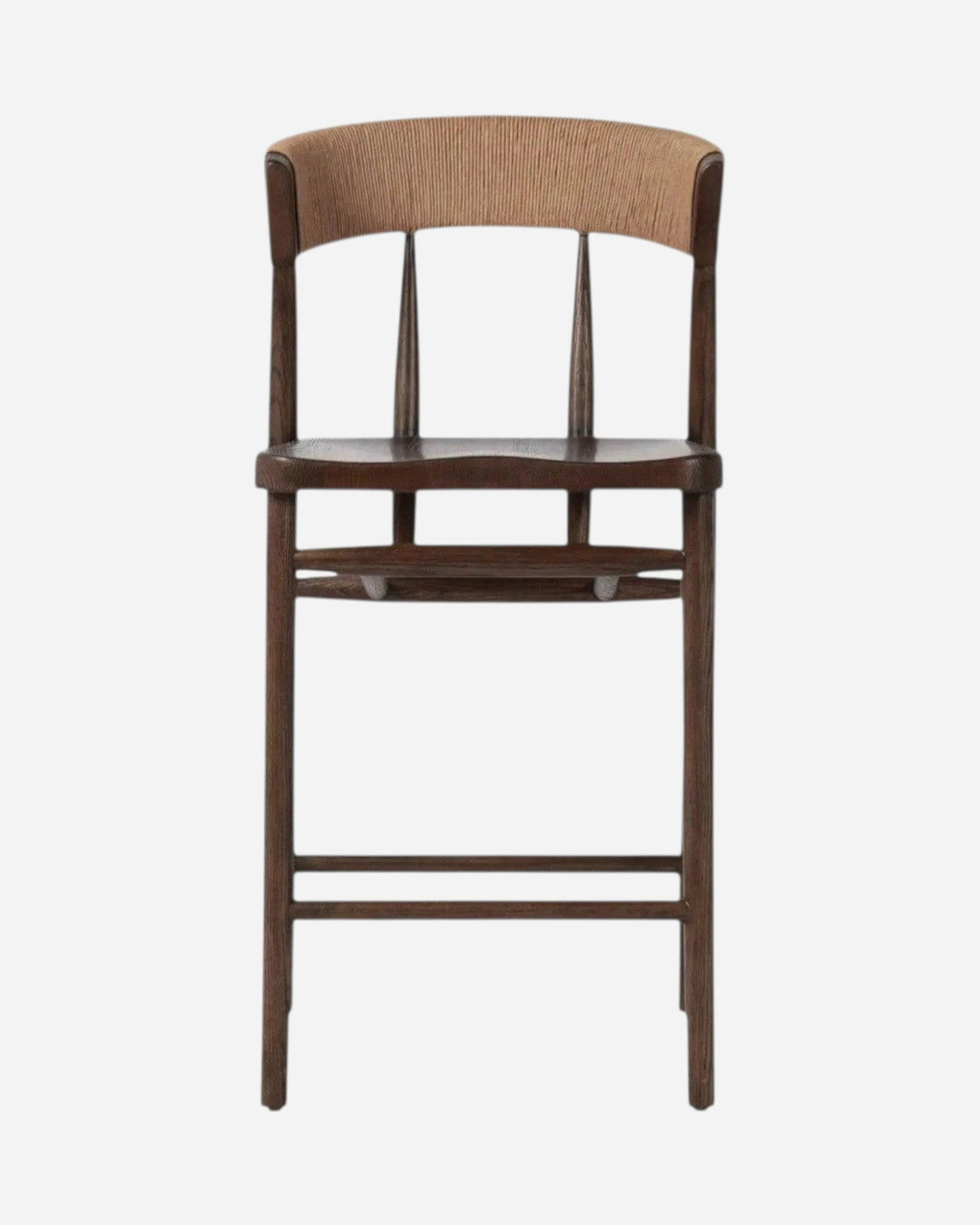 Tabouret de comptoir Maison Olive Buxton en chêne massif foncé avec dossier en jonc de papier tressé naturel