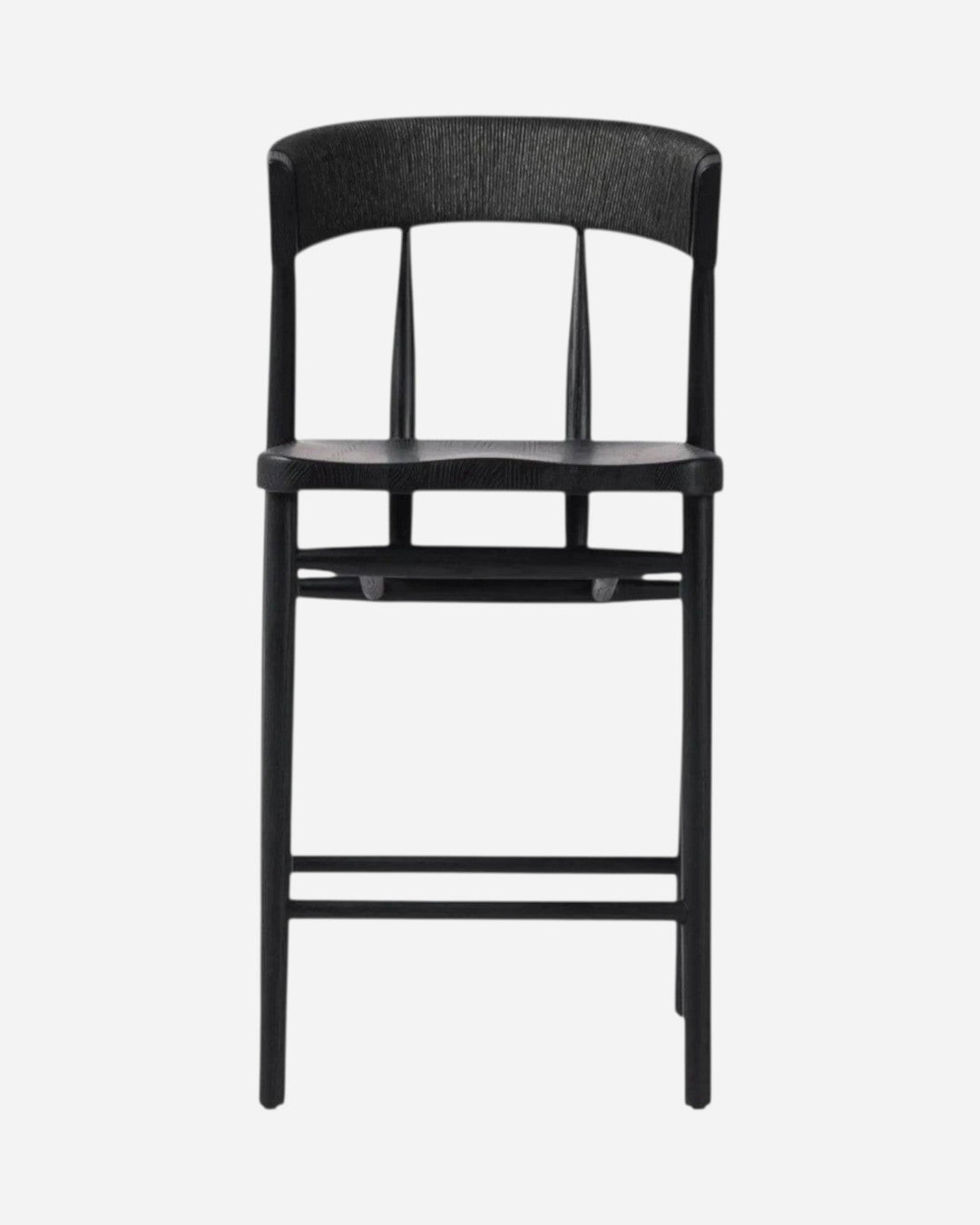 Tabouret de comptoir Maison Olive Buxton en chêne massif noir avec dossier en jonc de papier et pieds effilés