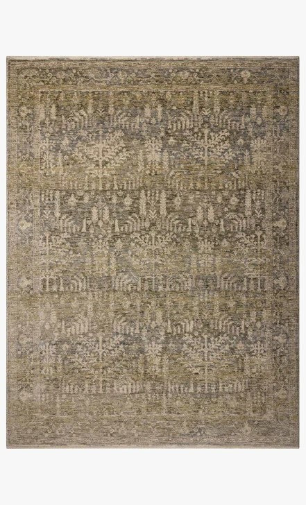 Tapis Maison Olive Junie en polyester vert mousse et naturel avec motifs antiques tissés mécaniquement