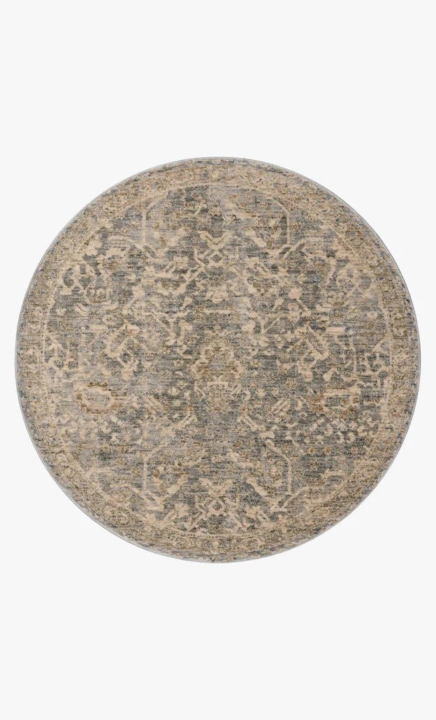 Tapis rond Maison Olive Junie bleu et naturel au motif antique tissé en polyester doux et durable